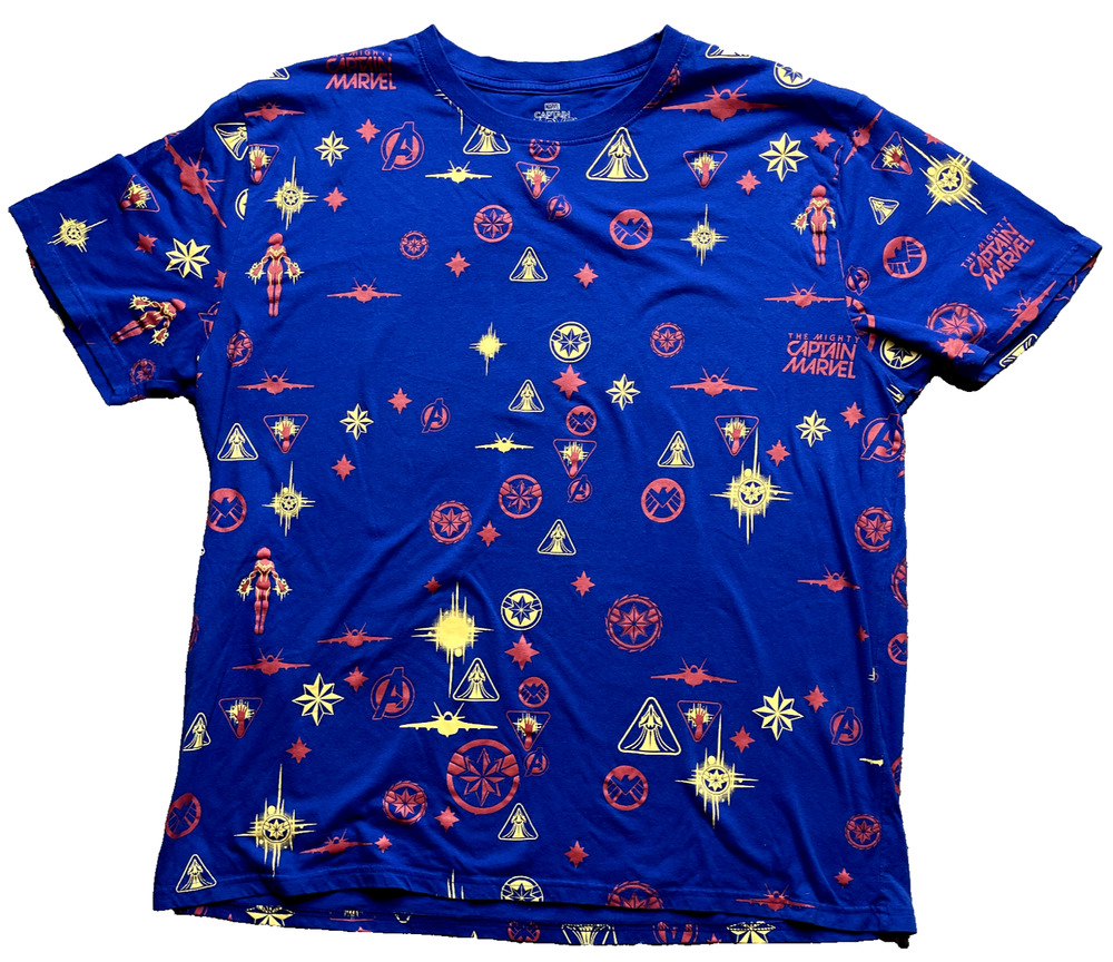 Marvel Captain Marvel Shirt Mens 2XL Blue All Over Print Graphic AOP Crew Neck